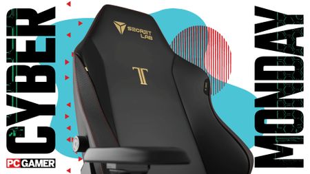 A close-up image of a gaming chair against a colorful background, with a set of Cyber Monday and PC Gamer logos on either side