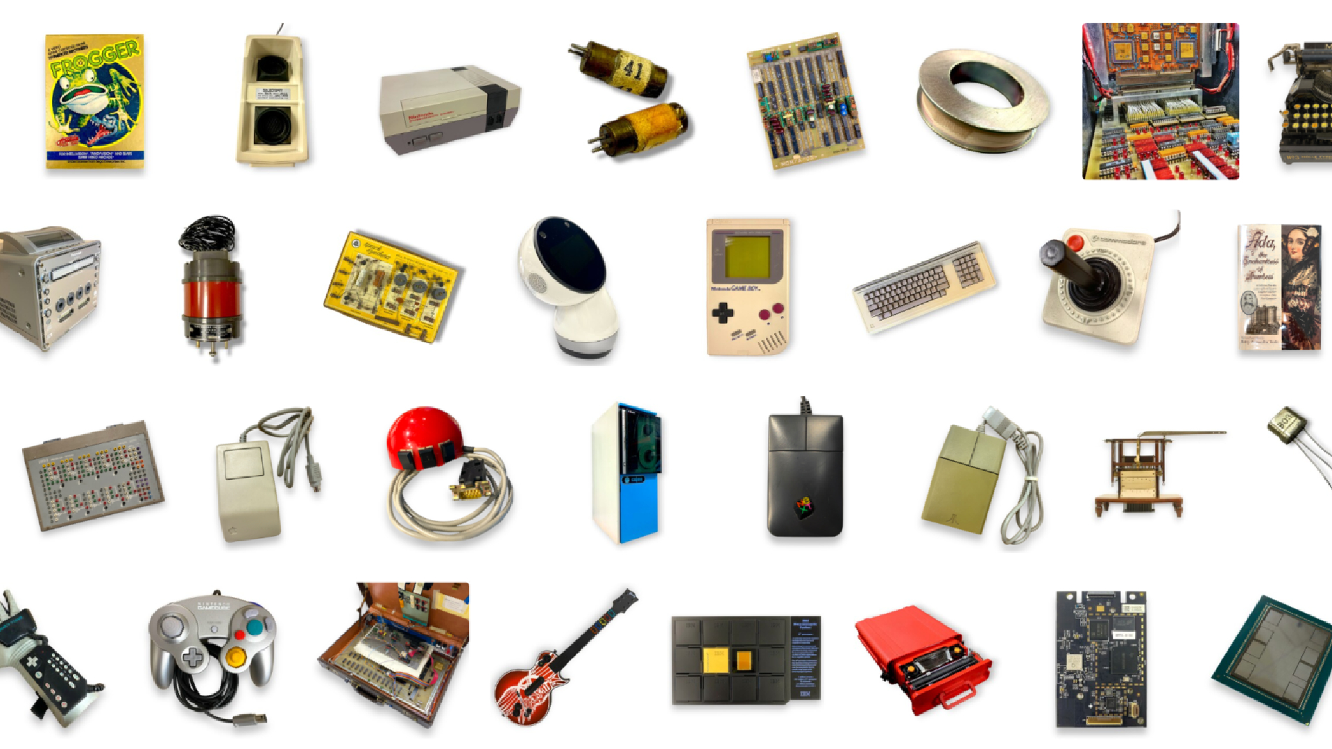 A selection of objects in the Computer History Museum taken from its website, including an antique GameBoy and various controllers.