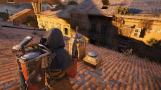 Arc Raiders Bird City: A player looking at a chimney with a bird's nest inside from a few steps back.