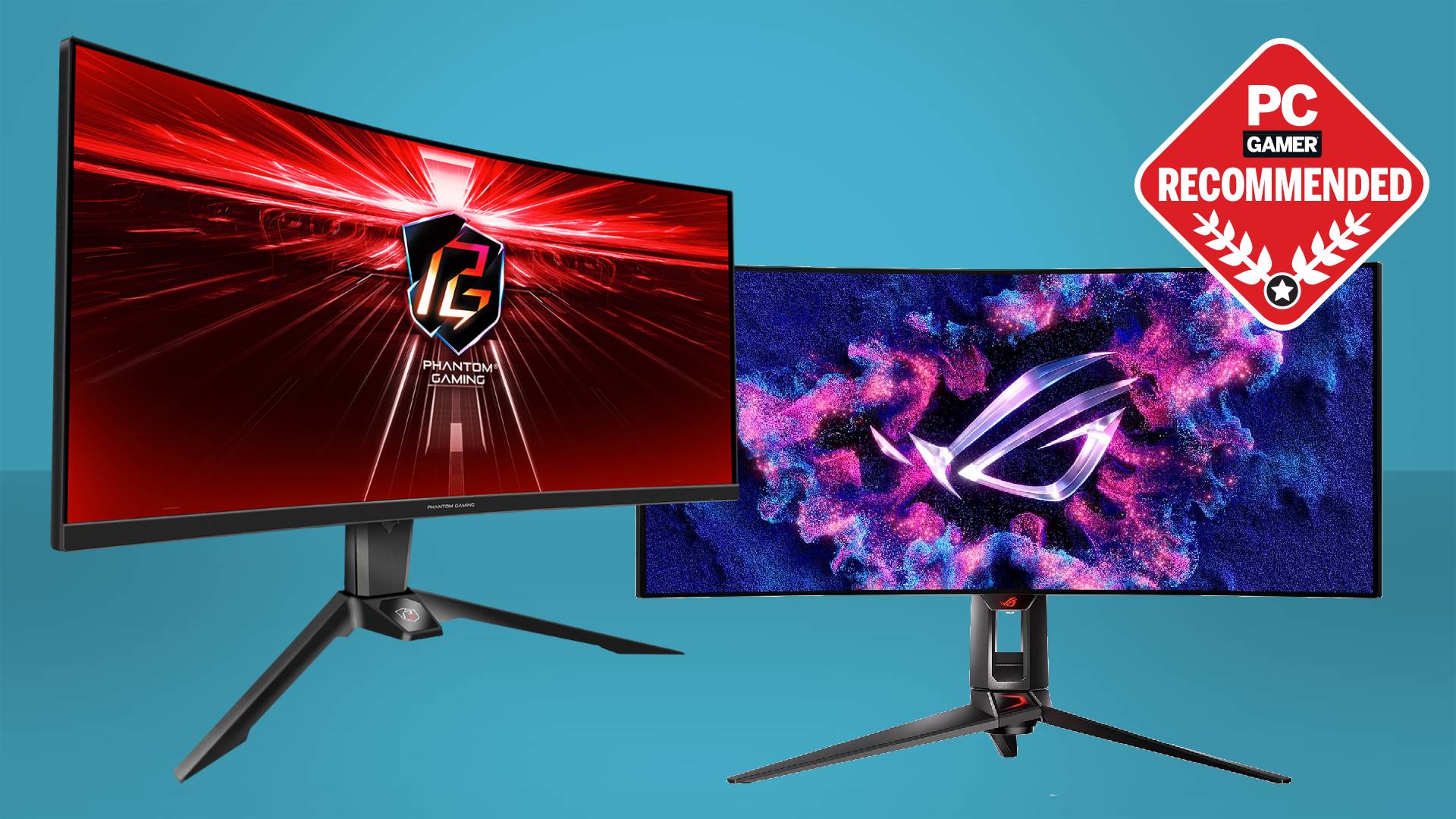 Two ultrawide gaming monitors on a blue background with the PC Gamer Recommended label