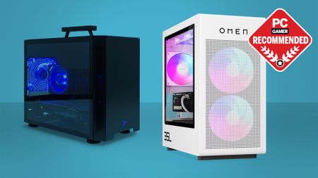 The Velocity Micro Raptor ES40 and HP Omen 35L gaming PCs on a blue background with the PC Gamer recommended badge in the top right corner