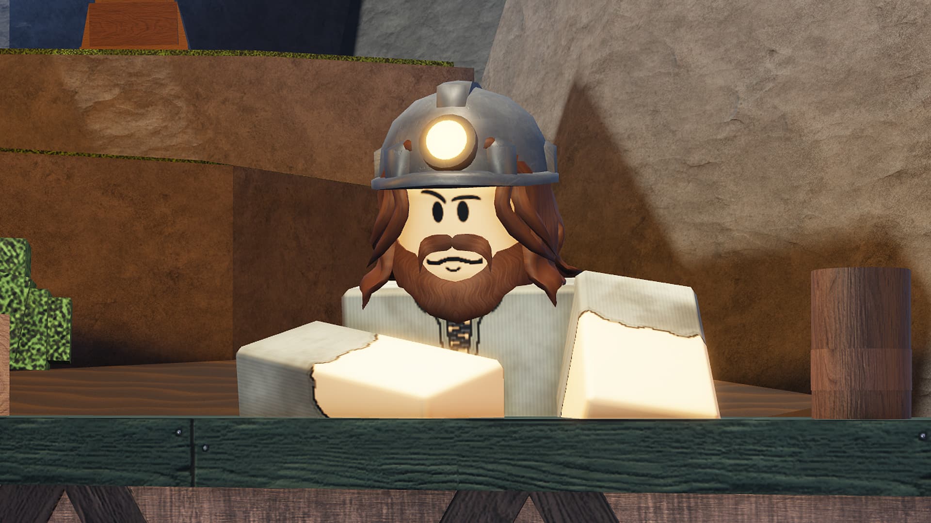 One of the shop NPCs in the Roblox game The Forge. He's got brown hair with a bear and is wearing a flashlight helmet, like a miner would. 
