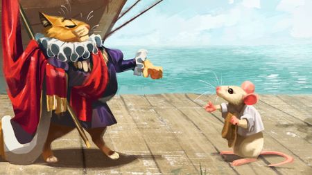 Whiskerwood key art with a royally dressed cat offering a tiny slice of cheese to a sad mouse with its hand extended