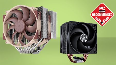 Arctic and Noctua CPU air coolers on an orange background with the PC Gamer Recommends badge in the upper right hand side.