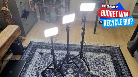 The Neewer LED lighting kit on a rug, with the PC Gamer Budget Win or Recycle Bin logo in the top right