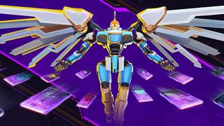 A mech flying into the air with cards flying around them in Mechborn.