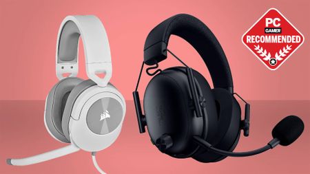 A Corsair HS55 Stereo and Razer BlackShark V3 gaming headset on a pink background with a PC Gamer Recommended logo on top.