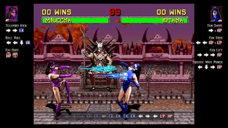 Mileena fights Kitana in the Legacy Kollection, with movelists displayed on the sides of the screen