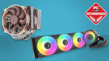An air cooler from Noctua and a liquid cooler from Arctic on a blue background with the PC Gamer Recommended badge in the upper right.