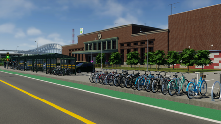 A row of parked bikes lines a pavement in Cities: Skylines 2